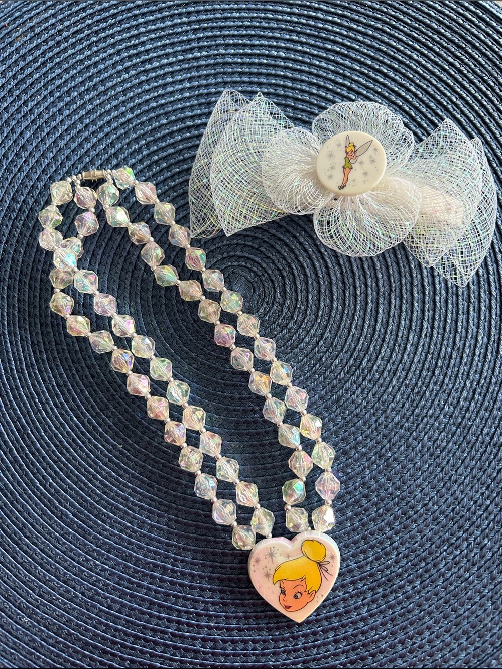 Tinker Bell Heart Pendant Crystal Necklace in Iridescent White w/matching bow